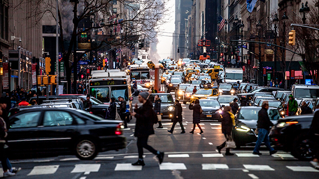 A New York street with heavy traffic.